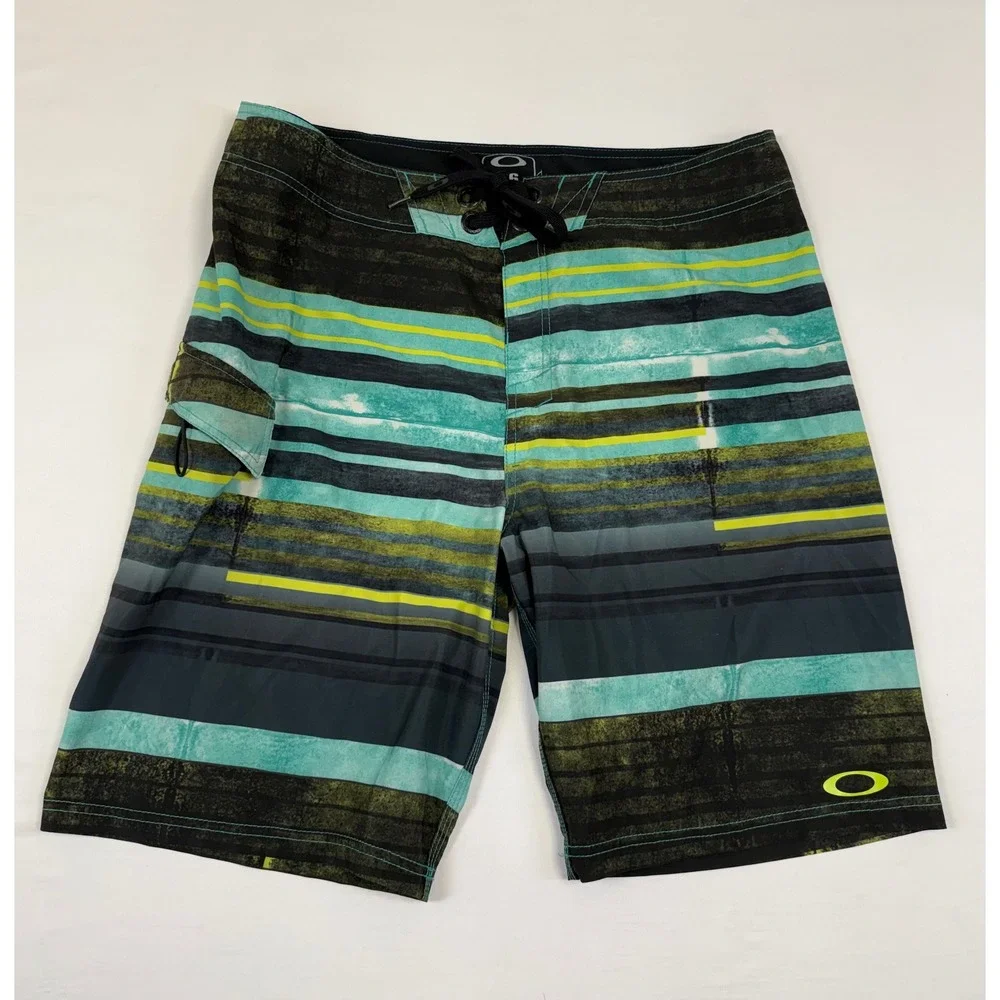 Oakley Men's Striped Board Shorts Black Teal Neon Yellow‎ Size 36